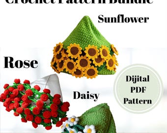 Crochet Flower Blanket Pattern Bundle: Rose, Daisy, Sunflower (PDF Download)