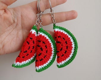 Handmade Crochet Watermelon Slice Keychain, Amigurumi Fruit Bag Charm, Cotton Yarn Bag Accessory