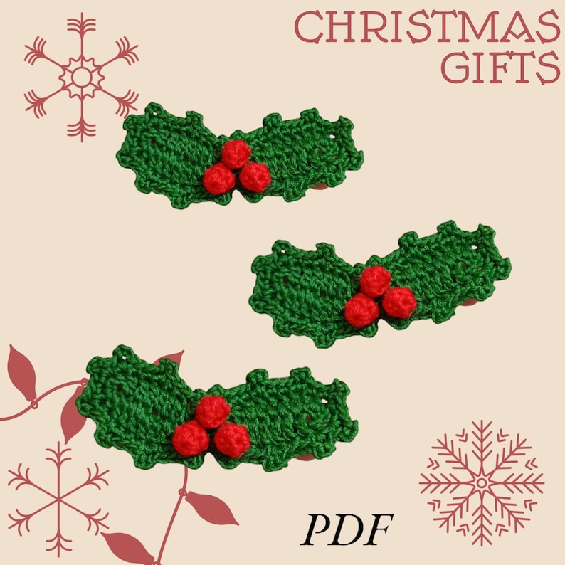 Crochet Holly Berry Pattern | Christmas Leaf Applique | Digital Download image 5