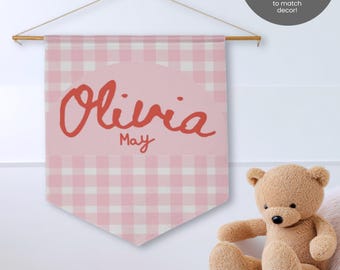 Custom Hand Drawn Name Gingham Nursery Wall Flag: Baby Room Decor