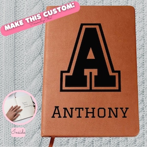 Diario personalizado con monograma deportivo, letras y nombres, fuente negra. Regalo para él, novio, hijo, amigo, esposo, papá, padrino de boda.
