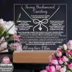 Para damas de honor: Placa iluminada con mensaje de agradecimiento elegante y personalizado, collar de belleza seductora, recuerdo de amistad, lazo de perla elegante.