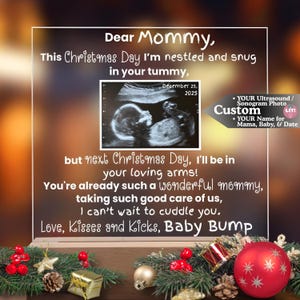 Custom Sonogram Acrylic Plaque: Christmas Hand Drawn Message of Love to Mommy-to-Be from Baby Bump
