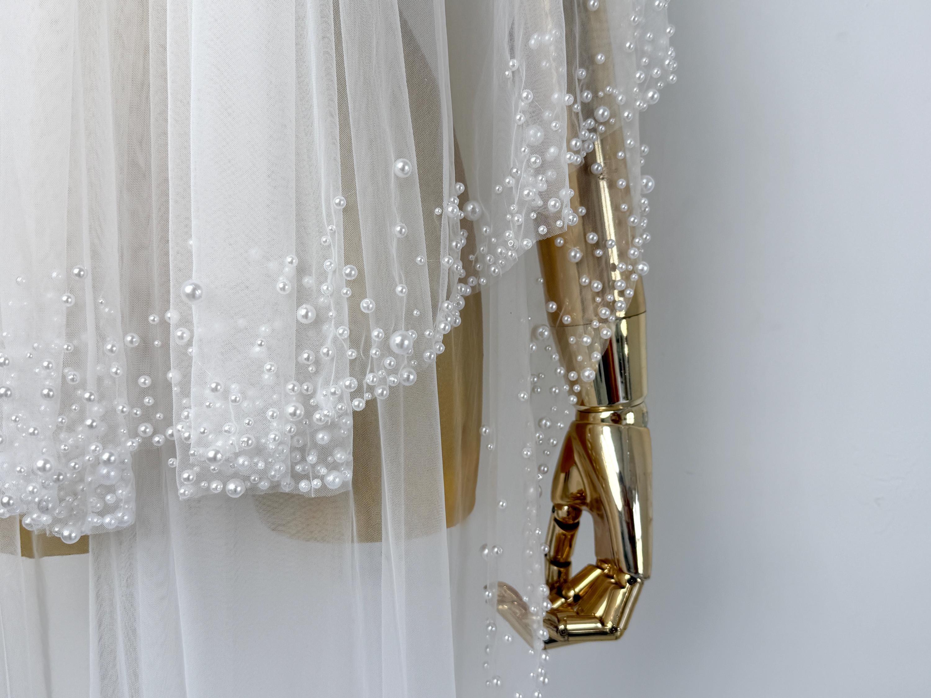 Pearl Beaded Wedding Veil,Ivory Bridal Veil,Cathedral Veil,Delicate Edge Veil,Glam Wedding Veil,Soft Tulle Veil,Premium Veil,2 Tier Veil,