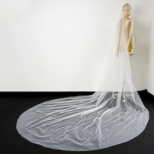 Tulle Bridal Veil, Pearl bridal veil,Cathedral veil,Handmade veil,one tier veil,Veil with Comb,Glam Wedding Veil,Pearl wedding veil,