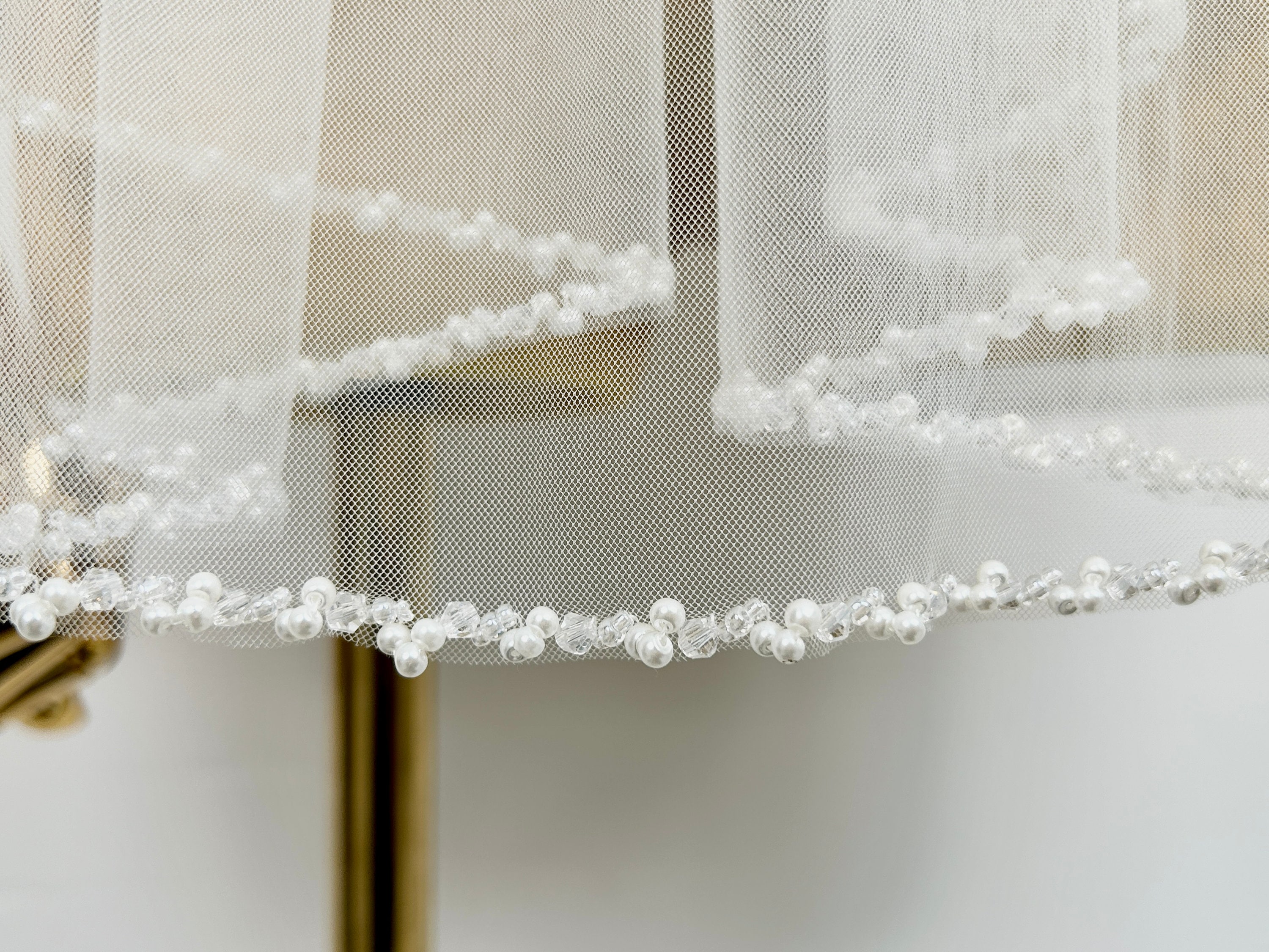 Beaded bridal veil,Pearl Wedding veil,Ivory Cathedral Veil,Sparkling veil,Crystal edge veil,Elbow Veil