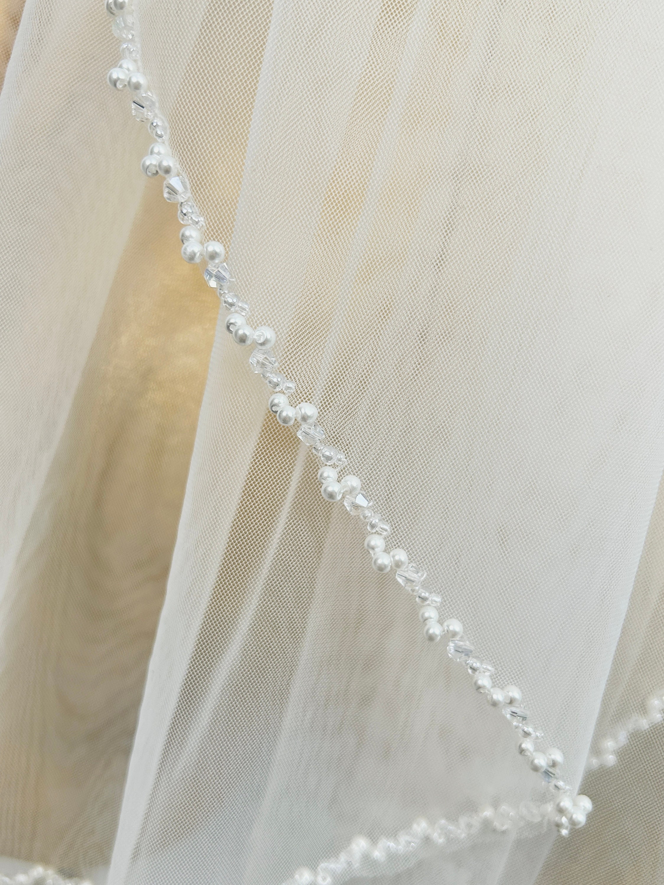 Beaded bridal veil,Pearl Wedding veil,Ivory Cathedral Veil,Sparkling veil,Crystal edge veil,Elbow Veil