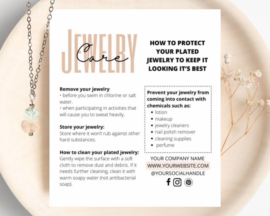 Jewelry Care Card Template, Printable Jewelry Instructions, Editable ...