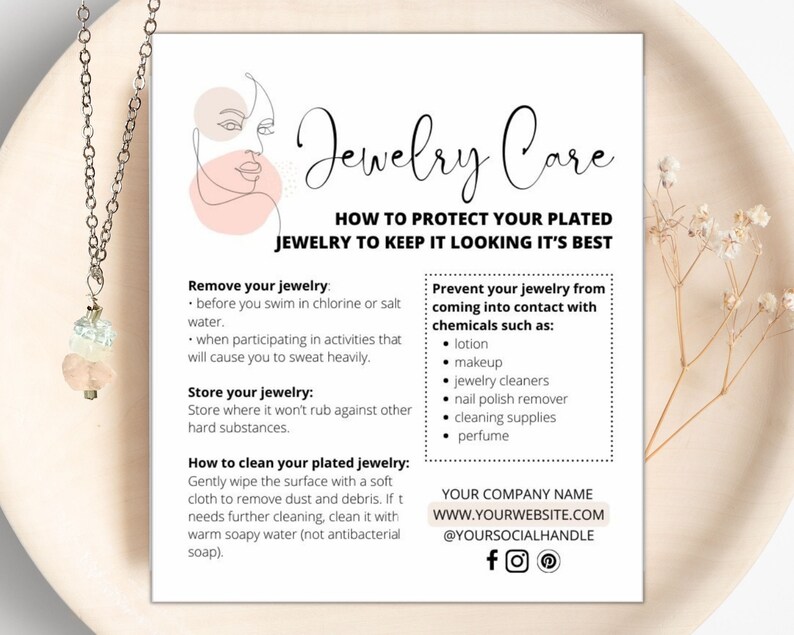 Jewelry Care Card Template Printable Jewelry Instructions Etsy