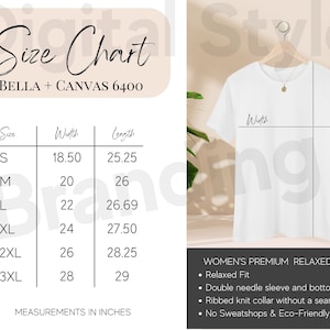 6400 Size Chart, 6400 Bella Canvas Size Chart, Bella Canvas Womens Relaxed Tee Size Chart, Sizing Chart Tshirt, Mockup 6400, Bella 6400