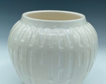 White Geometric Cut Ceramic Vase, Small