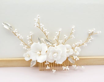 Bridal Hair Comb • Porcelain Hair Comb • Bridal Hair Jewelry • Wedding Hairpiece • Bridesmaid Headpiece • Bridesmaid Gift