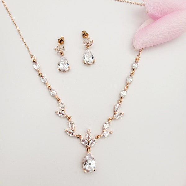 Bridal Jewelry Set • Rosegold Jewelry Set • Necklace And Earrings • Cubic Zirconia Wedding Jewelry • Bridal Set • Wedding Jewelry Set