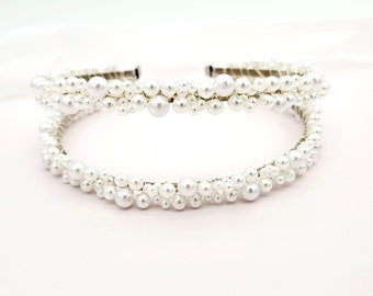 Pearl Headband • Double Row Wedding Tiara • Pearl Wedding Jewelry • Bridal Crown • 30th Pearl Wedding Anniversary Gift