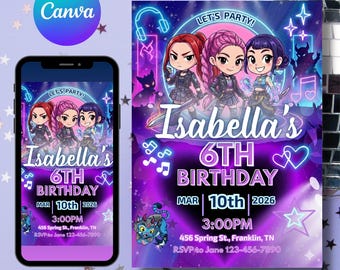 KPOPアニメデーモンハンター招待状、KPOPデーモンハンター誕生日招待状、編集可能なKポップ誕生日招待状、Kポップウォリアーズ招待状