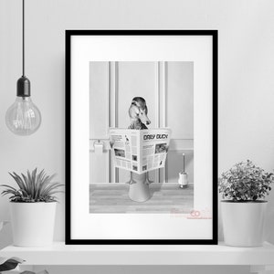 Adorable Duck Reading Newspaper On Toilet, Toddler Bathroom Art, Whimsy Animal In Bathroom, Female Mallard Duck art Print