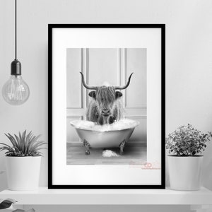 Adorable Highlands Cattle in vintage bathtub, toddler bathroom art, Whimsy Animal in Bathroom Wall Art Prints, Highlands Cow Print