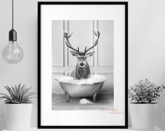 Adorable Deer in vintage bathtub, toddler bathroom art, Whimsy Animal Bathroom Wall Art Print