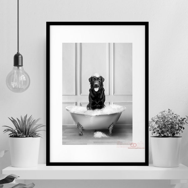 Black Labrador Digital Art Print, Black Labrador taking Shower in Bath Tub Wall Decor Bathroom, Safari Animals in Bath Tub Wall Art