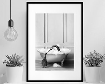 Adorable Penguin in vintage bathtub, toddler bathroom art, Whimsy Animal Bathroom Wall Art Print