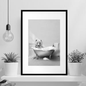 Adorable Bear in vintage bathtub, toddler bathroom art, Whimsy Animal in Bathroom Wall Art Prints