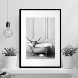 Adorable Cattle in vintage bathtub, toddler bathroom art, Whimsy Animal in Bathroom Wall Art Prints
