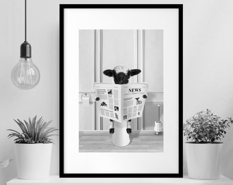 Adorable Sheep Reading Newspaper On Toilet, Toddler Bathroom Art, Whimsy Animal In Bathroom Wall Art Prints, Valais Blacknose