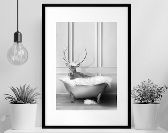 Adorable Deer in vintage bathtub, toddler bathroom art, Whimsy Animal Bathroom Wall Art Print