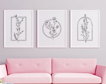 3 Piezas de arte de pared Dibujos de líneas de flores, Conjunto de impresión botánico línea de arte imprimible, impresiones minimalistas de flores silvestres