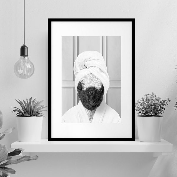 Adorable Blacknose Sheep Wearing Bath Robe Towel, Toddler Bathroom Art, Whimsy Animal In Bathroom Wall Art Prints, Valais Blacknose