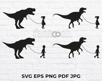 Mädchen Walking Dinosaurier, Junge Walking T-Rex Svg, T-rex Walkies, Dinosaurier Svg, Dinosaurier Clipart, T-Rex Svg, Dino Svg