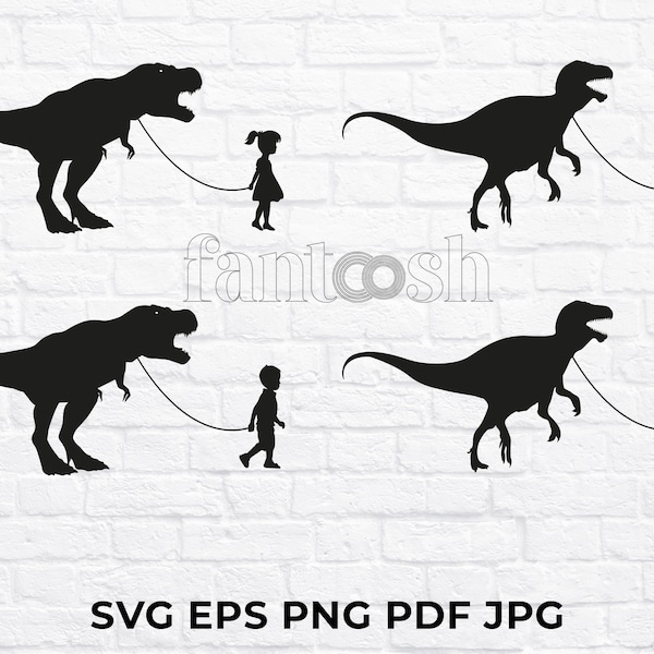 Girl Walking Dinosaur, Boy Walking T-Rex Svg, T-rex walkies, Dinosaur Svg, Dinosaur Clipart, T-Rex Svg, Dino Svg