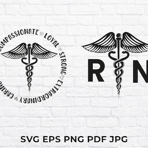 May include: A black and white graphic featuring the Caduceus symbol, a staff with two snakes and wings, and the letters "RN" for Registered Nurse. The design includes a circular border with words like "Compassionate" and "Caring."