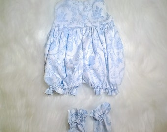 Baby Alive and Reborn / Baby Doll Clothes. Adorable Romper and Booties 10" 12" or 15" Shabby Chic Blue Toile