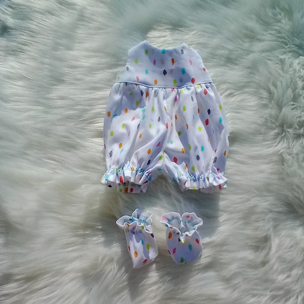 Baby Alive and Reborn/ Silicone Baby Doll Clothes. Adorable Romper and Booties 10" 12" or 15" Rainbow Dots