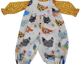 Baby Alive and Reborn / Silicone Baby Doll Clothes. 2 Piece Long Romper with Matching Peasant Blouse Farm Chickens