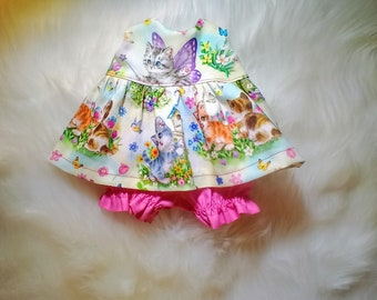 Baby Alive and Reborn / Silicone Baby Doll Clothes. Dress and Bloomers 10&quot; 12&quot; or 15&quot; Kittens and Butterflies