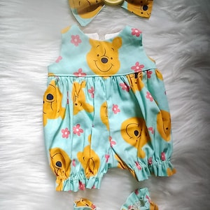 Baby Alive Reborn Silicone Doll Clothes Adorable Romper With Matching Hair Bow and Booties Lots of Sizes Winnie The Pooh