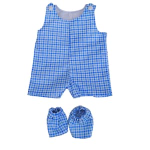 May include: Blue and white plaid romper with matching booties. The romper has a sleeveless design with two buttons on each shoulder. The booties have an elastic opening. The outfit is made of a lightweight fabric.
