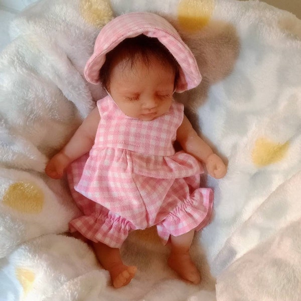 8 Inch Silicone Reborn Doll Clothes. Romper and Bonnet Pink Gingham  Check