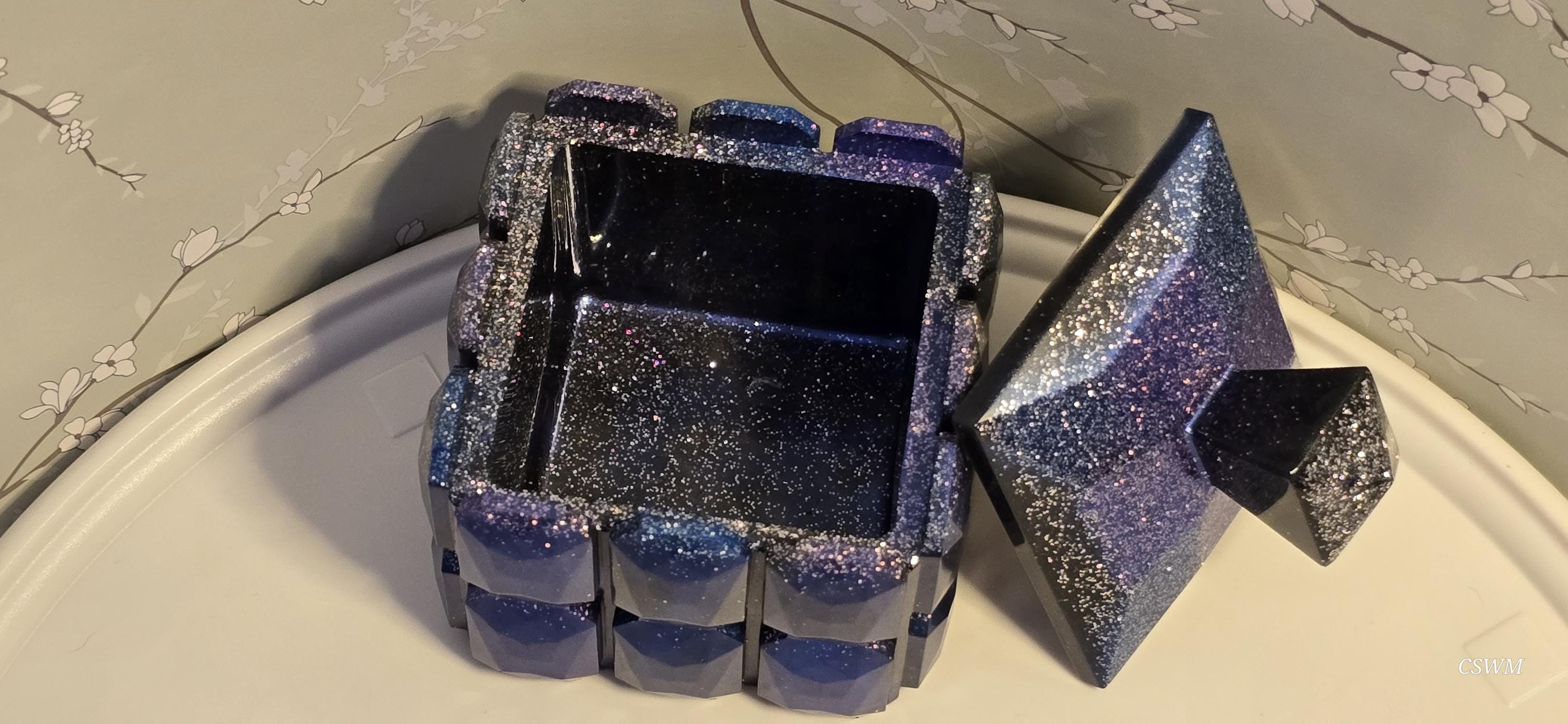 Trinket Jar Square Geometric Jar with Silver Glitter and Blue & Purple Hues - Thumbnail 2