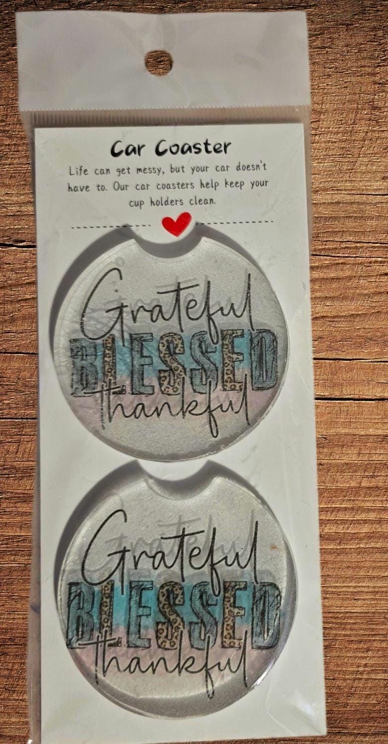 Resin Grateful Blessed and Thankful Car Coaster Set – Handmade Epoxy Coasters for Car Cup Holders, Inspirational Car Accessories - Thumbnail 2