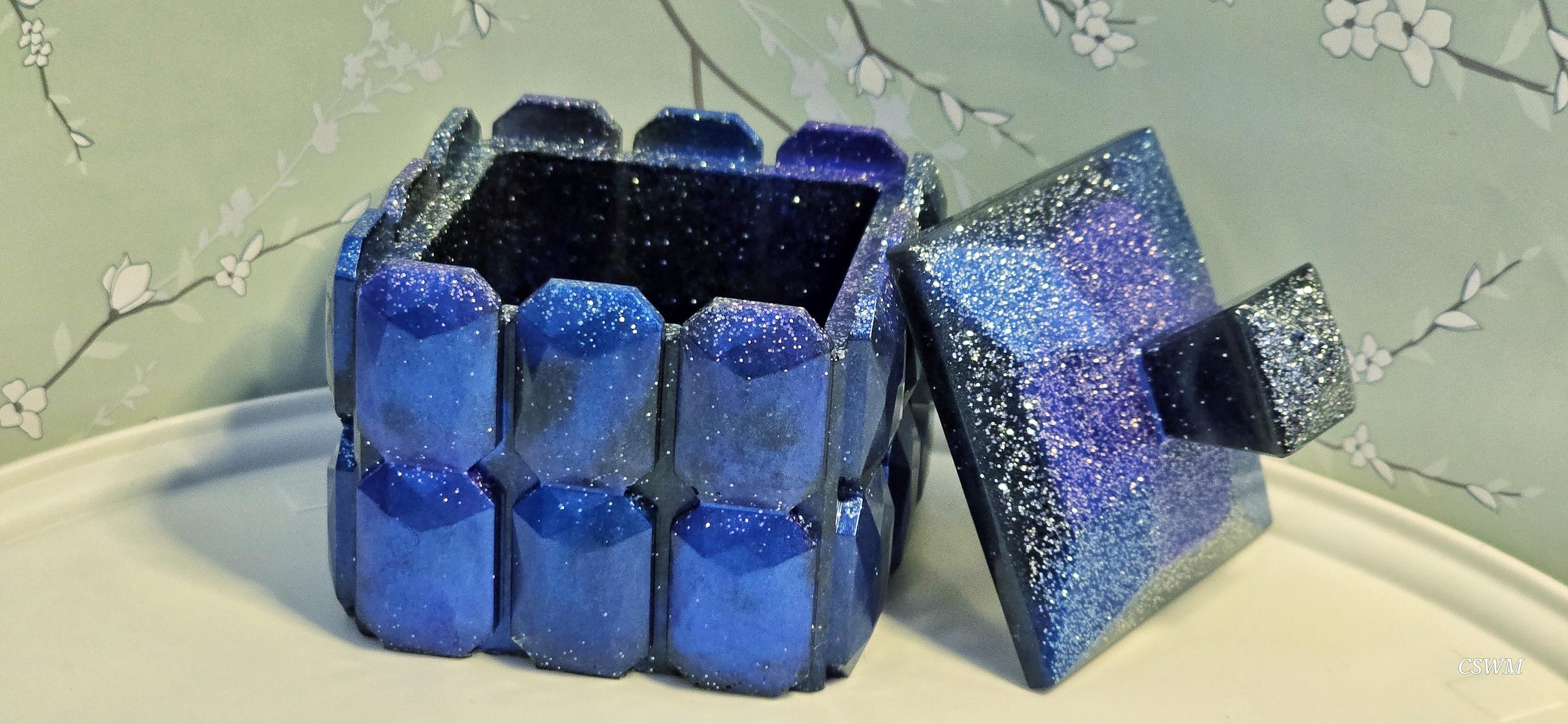 Trinket Jar Square Geometric Jar with Silver Glitter and Blue & Purple Hues