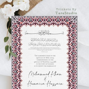 Certificado Nikkah ilustrado / Contrato de matrimonio de lujo A4 hecho a mano / Carpeta premium / Pluma / Nikah Katb Al-Kitab / Regalo