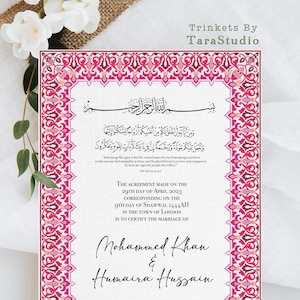 Certificado Nikkah ilustrado en rosa / Contrato de matrimonio de lujo A4 hecho a mano / Carpeta premium / Pluma / Nikah Katb Al-Kitab / Regalo