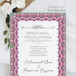 Certificado Nikkah ilustrado morado / Contrato de matrimonio de lujo A4 hecho a mano / Carpeta premium / Pluma / Nikah Katb Al-Kitab / Regalo
