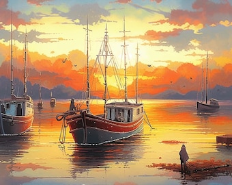 Stunning Sunset Seascape Boat Acrylic Paint By Numbers Kit on Canvas for Adults