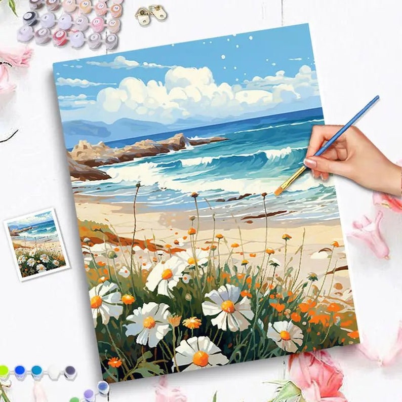 Beautiful Daisy Beach Bloom Acrylic Paint By Numbers Kit on Canvas image 3