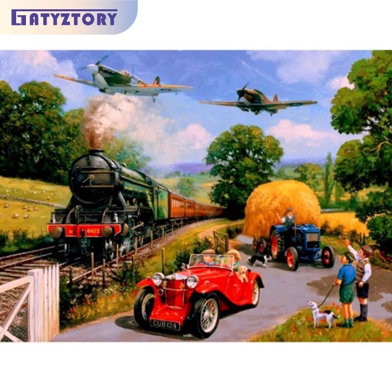 Historical Rural Scene With Train, Plane & Car Acrylic Paint by Numbers ...