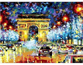 Famous European City Night Street Scene Acrylic Paint by Numbers Kit on Canvas